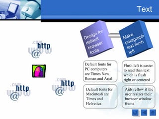 Text

            r
       n fo            ke
D esig lt           Ma graph
      u                 a
 d efa er            par flush
          s
    row
  b s                 text
        t              left
    fon

Default fonts for   Flush left is easier
PC computers        to read than text
are Times New       which is flush
Roman and Arial     right or centered

Default fonts for   Aids reflow if the
Macintosh are       user resizes their
Times and           browser window
Helvetica           frame
 