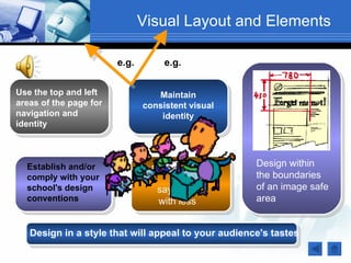 Visual Layout and Elements

                        e.g.        e.g.


Use the top and left              Maintain
areas of the page for          consistent visual
navigation and                     identity
identity



  Establish and/or               avoid clutter       Design within
  comply with your                                   the boundaries
  school's design                 say more           of an image safe
  conventions                     with less          area


   Design in a style that will appeal to your audience's tastes
 