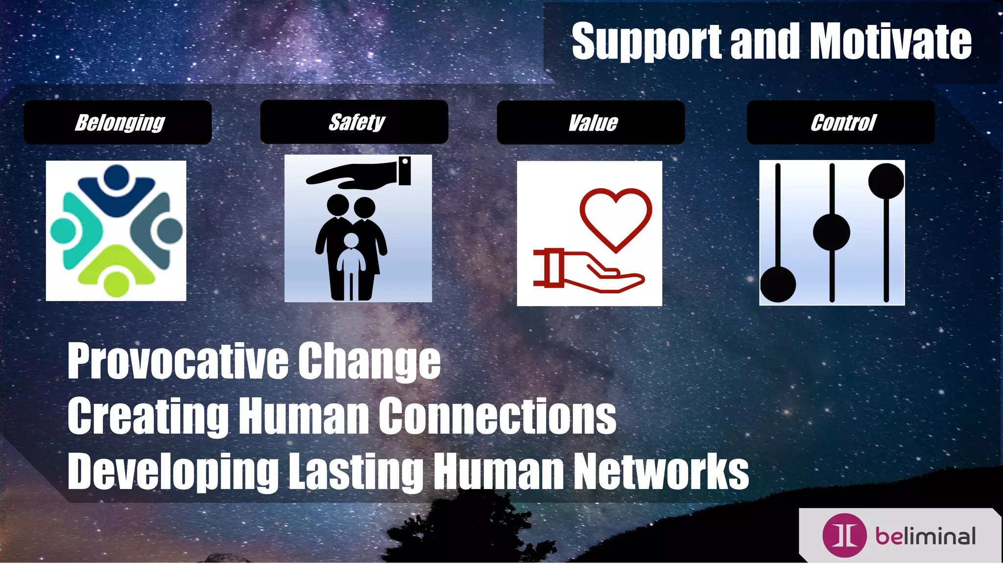 Support and Motivate
Provocative Change
Creating Human Connections
Developing Lasting Human Networks
Belonging Safety Value Control
 