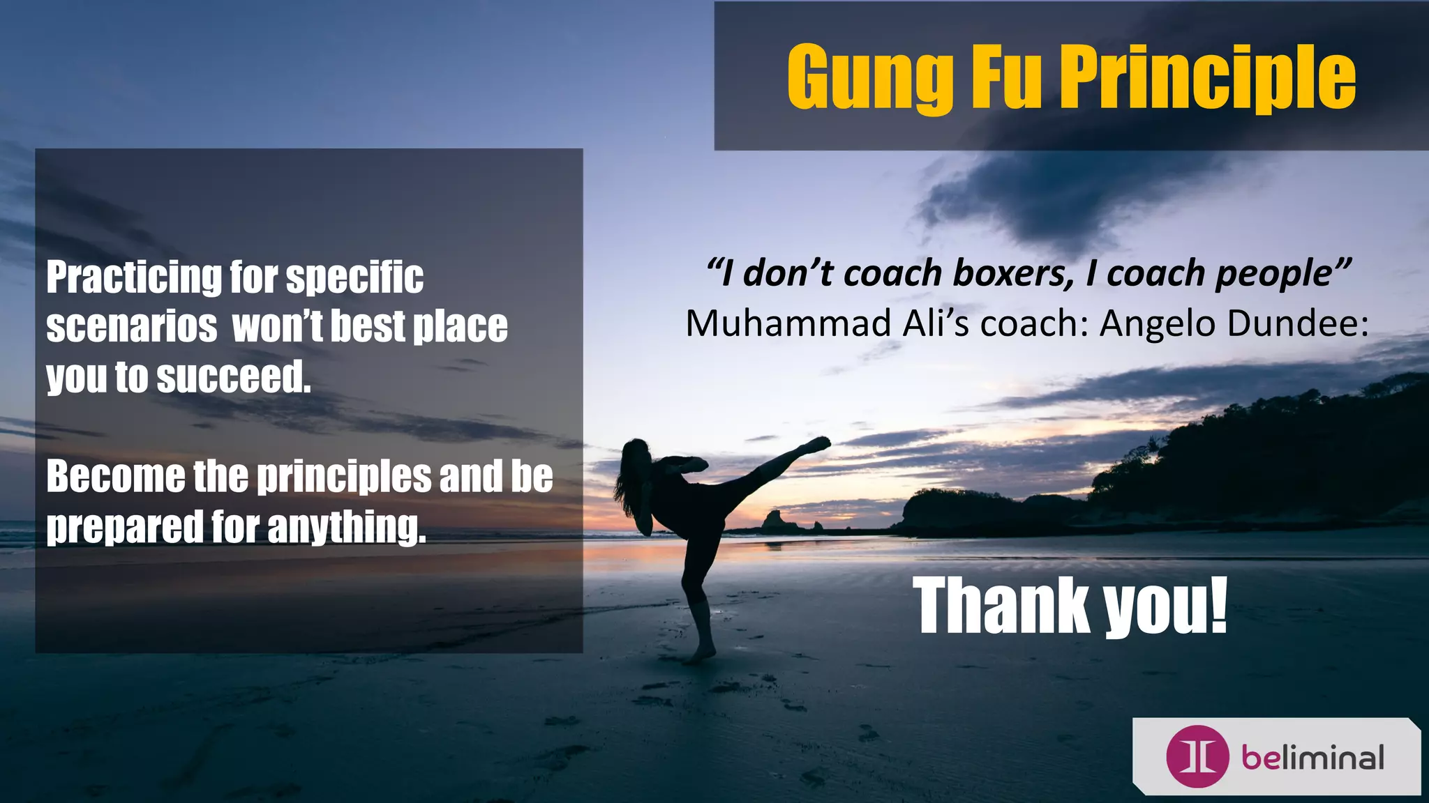 Gung Fu Principle
Practicing for specific
scenarios won’t best place
you to succeed.
Become the principles and be
prepared for anything.
Thank you!
“I don’t coach boxers, I coach people”
Muhammad Ali’s coach: Angelo Dundee:
 