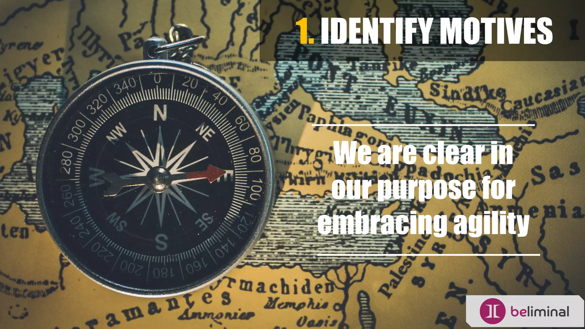 1. IDENTIFY MOTIVES
We are clear in
our purpose for
embracing agility
 
