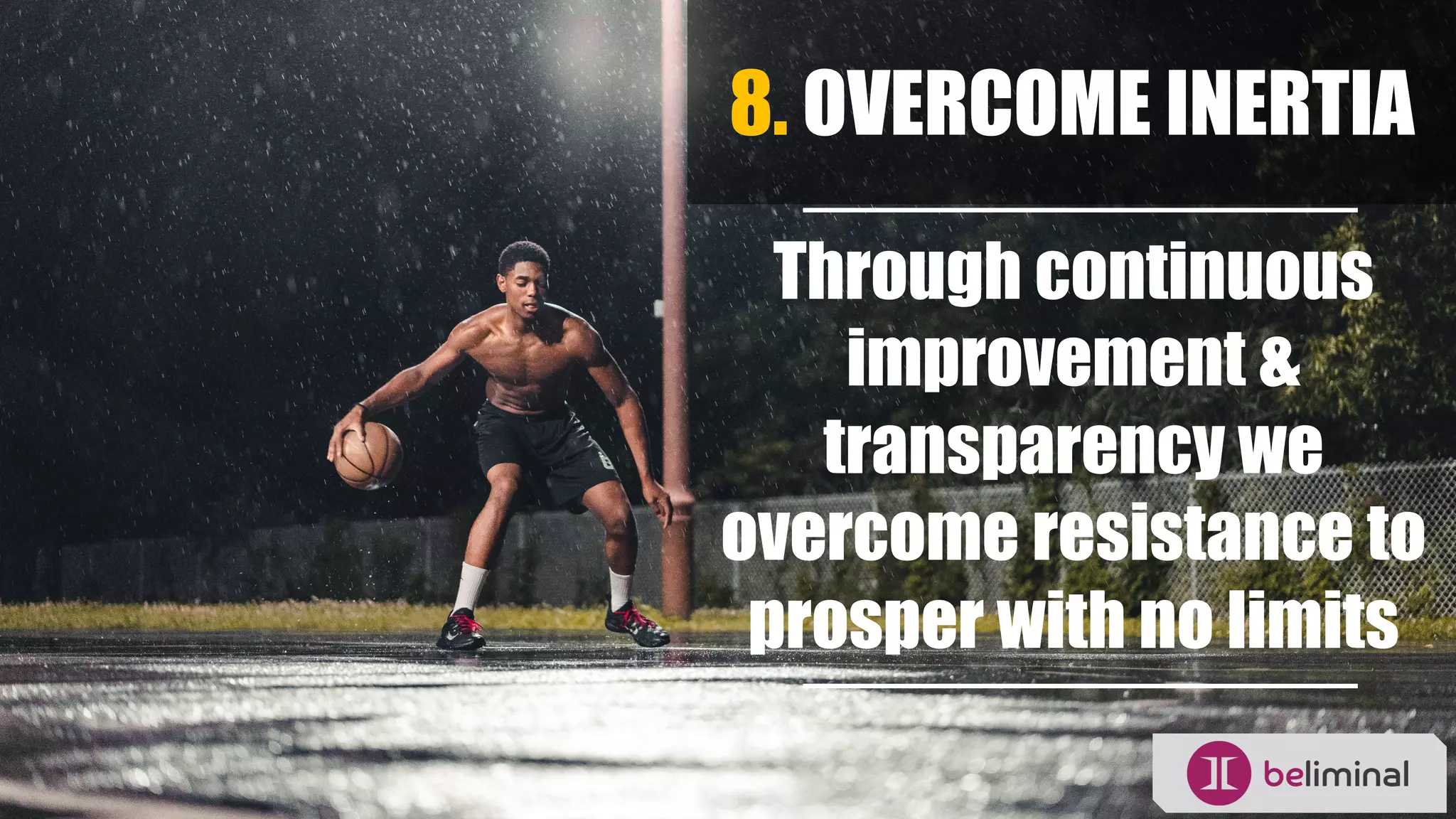 8. OVERCOME INERTIA
Through continuous
improvement &
transparency we
overcome resistance to
prosper with no limits
 