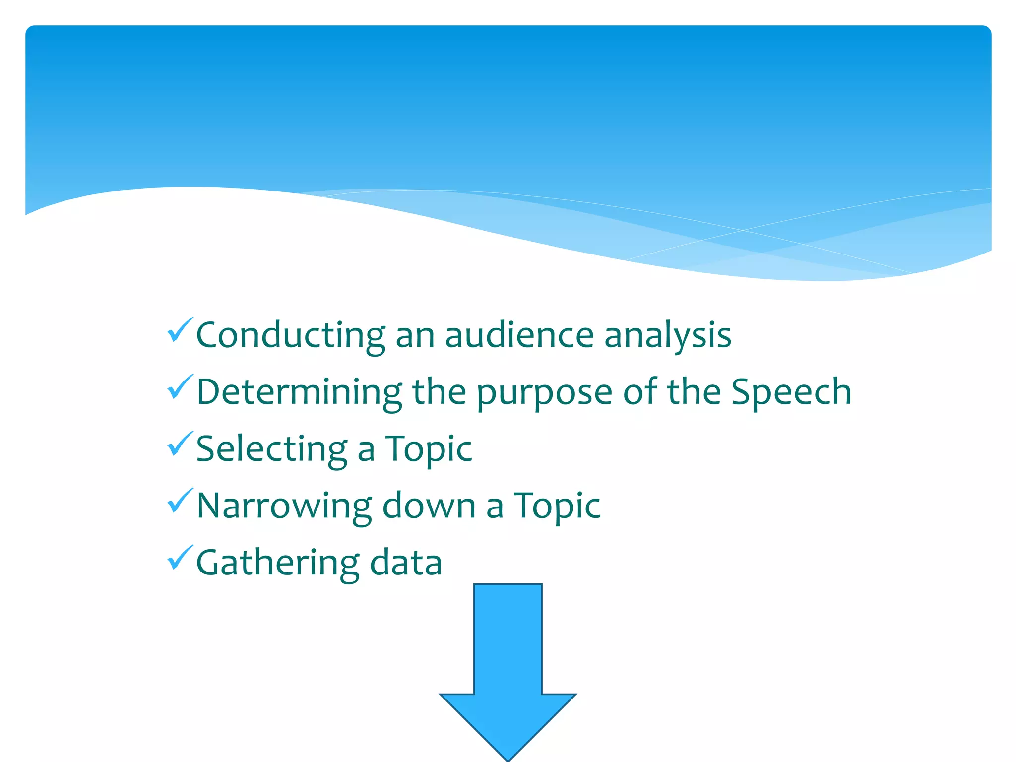 Conducting an audience analysis
Determining the purpose of the Speech
Selecting a Topic
Narrowing down a Topic
Gathering data
 