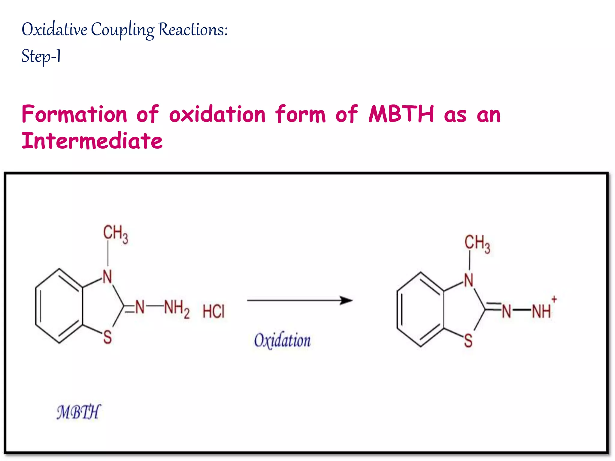 Oxidative Coupling Reactions:
Step-I
Formation of oxidation form of MBTH as an
Intermediate
 