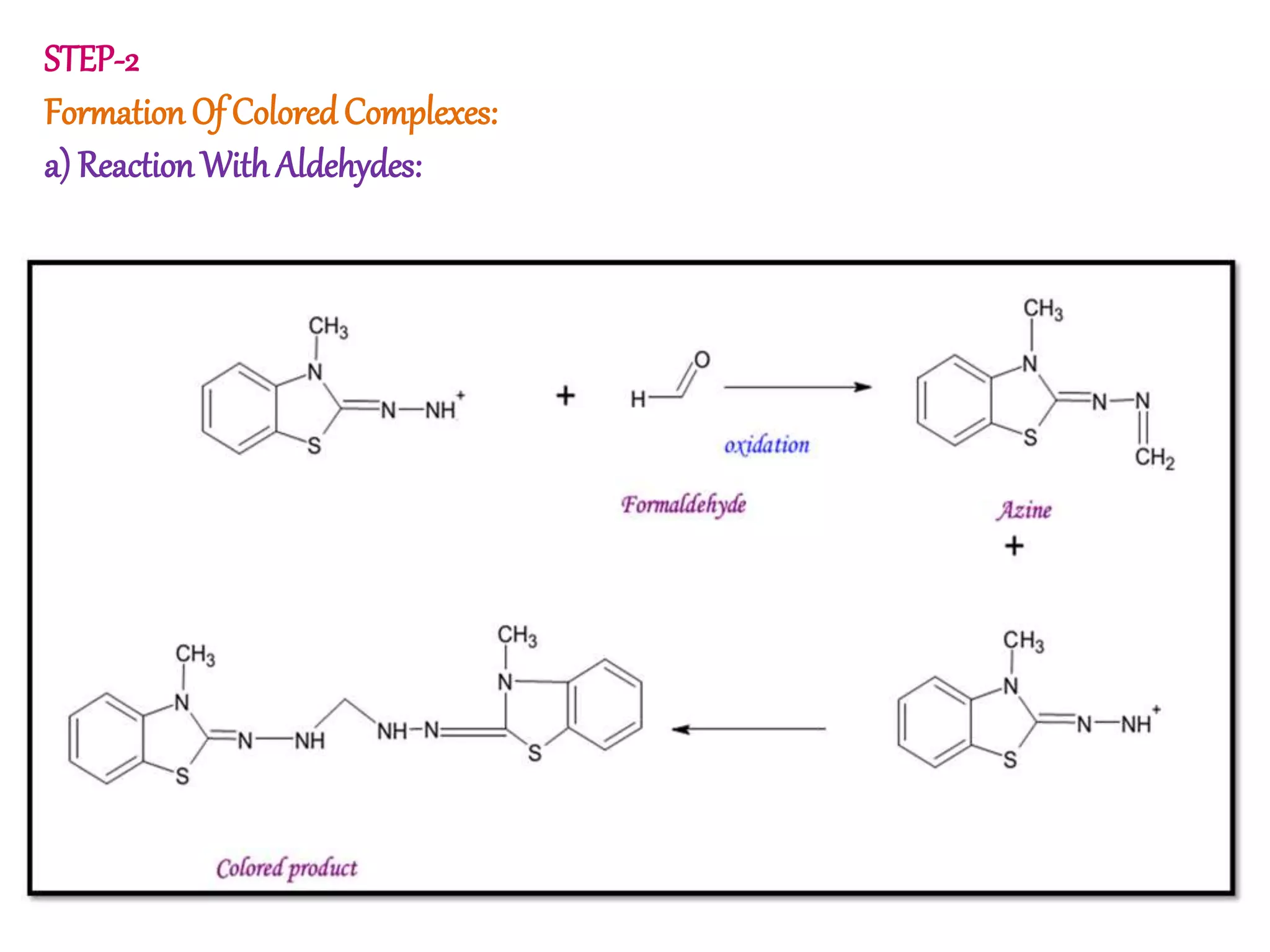 STEP-2
Formation Of ColoredComplexes:
a) Reaction With Aldehydes:
 
