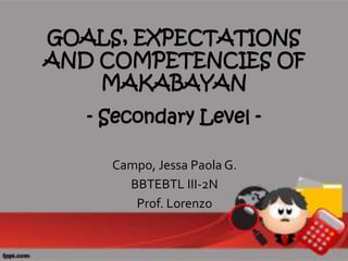 GOALS, EXPECTATIONS
AND COMPETENCIES OF
MAKABAYAN
- Secondary Level -
Campo, Jessa Paola G.
BBTEBTL III-2N
Prof. Lorenzo
 