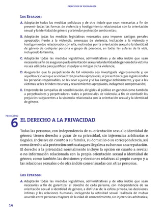 PRINCIPIOS DE YOGYAKARTA



            Los Estados:
            A. Adoptarán todas las medidas policíacas y de otra índole que sean necesarias a fin de
               prevenir todas las formas de violencia y hostigamiento relacionadas con la orientación
               sexual y la identidad de género y a brindar protección contra estas;
            B. Adoptarán todas las medidas legislativas necesarias para imponer castigos penales
               apropiados frente a la violencia, amenazas de violencia, incitación a la violencia y
               hostigamientos relacionados con ella, motivados por la orientación sexual o la identidad
               de género de cualquier persona o grupo de personas, en todas las esferas de la vida,
               incluyendo la familia;
            C. Adoptarán todas las medidas legislativas, administrativas y de otra índole que sean
               necesarias a fin de asegurar que la orientación sexual o la identidad de género de la víctima
               no sea utilizada para justificar, disculpar o mitigar dicha violencia;
            D. Asegurarán que la perpetración de tal violencia sea investigada vigorosamente y, en
               aquellos casos en que se encuentren pruebas apropiadas, se presenten cargos legales contra
               las personas responsables, se las lleve a juicio y se las castigue debidamente, y que a las
               víctimas se les brinden recursos y resarcimientos apropiados, incluyendo compensación;
            E. Emprenderán campañas de sensibilización, dirigidas al público en general como también
               a perpetradores y perpetradoras reales o potenciales de violencia, a fin de combatir los
               prejuicios subyacentes a la violencia relacionada con la orientación sexual y la identidad
               de género.




   6
PRINCIPIO
            EL DERECHO A LA PRIVACIDAD
            Todas las personas, con independencia de su orientación sexual o identidad de
            género, tienen derecho a gozar de su privacidad, sin injerencias arbitrarias o
            ilegales, inclusive en cuanto a su familia, su domicilio o su correspondencia, así
            como derecho a la protección contra ataques ilegales a su honra o a su reputación.
            El derecho a la privacidad normalmente incluye la opción en cuanto a revelar
            o no información relacionada con la propia orientación sexual o identidad de
            género, como también las decisiones y elecciones relativas al propio cuerpo y a
            las relaciones sexuales o de otra índole consensuadas con otras personas.


            Los Estados:
            A. Adoptarán todas las medidas legislativas, administrativas y de otra índole que sean
               necesarias a fin de garantizar el derecho de cada persona, con independencia de su
               orientación sexual o identidad de género, a disfrutar de la esfera privada, las decisiones
               íntimas y las relaciones humanas, incluyendo la actividad sexual realizada de mutuo
               acuerdo entre personas mayores de la edad de consentimiento, sin injerencias arbitrarias;

  14
 
