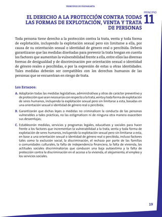 PRINCIPIOS DE YOGYAKARTA




                                                                                                  11
                                                                                                  PRINCIPIO
       EL DERECHO A LA PROTECCIÓN CONTRA TODAS
       LAS FORMAS DE EXPLOTACIÓN, VENTA Y TRATA
                                    DE PERSONAS
Toda persona tiene derecho a la protección contra la trata, venta y toda forma
de explotación, incluyendo la explotación sexual pero sin limitarse a ella, por
causa de su orientación sexual o identidad de género real o percibida. Deberá
garantizarse que las medidas diseñadas para prevenir la trata tengan en cuenta
los factores que aumentan la vulnerabilidad frente a ella, entre ellos las diversas
formas de desigualdad y de discriminación por orientación sexual o identidad
de género reales o percibidas, o por la expresión de estas u otras identidades.
Tales medidas deberán ser compatibles con los derechos humanos de las
personas que se encuentran en riesgo de trata.


Los Estados:
A. Adoptarán todas las medidas legislativas, administrativas y otras de carácter preventivo y
   de protección que sean necesarias con respecto a la trata, venta y toda forma de explotación
   de seres humanos, incluyendo la explotación sexual pero sin limitarse a esta, basadas en
   una orientación sexual o identidad de género real o percibida;
B. Garantizarán que dichas leyes o medidas no criminalicen la conducta de las personas
   vulnerables a tales prácticas, no las estigmaticen ni de ninguna otra manera exacerben
   sus desventajas;
C. Establecerán medidas, servicios y programas legales, educativos y sociales para hacer
   frente a los factores que incrementan la vulnerabilidad a la trata, venta y toda forma de
   explotación de seres humanos, incluyendo la explotación sexual pero sin limitarse a esta,
   en base a una orientación sexual o identidad de género real o percibida, incluso factores
   tales como la exclusión social, la discriminación, el rechazo por parte de las familias
   o comunidades culturales, la falta de independencia financiera, la falta de vivienda, las
   actitudes sociales discriminatorias que conducen una baja autoestima y la falta de
   protección contra la discriminación en el acceso a la vivienda, el alojamiento, el empleo y
   los servicios sociales.




                                                                                                     19
 