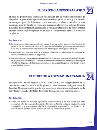 PRINCIPIOS DE YOGYAKARTA




                                                                                                  23
                                                                                                  PRINCIPIO

                                   EL DERECHO A PROCURAR ASILO
En caso de persecución, incluida la relacionada con la orientación sexual o la
identidad de género, toda persona tiene derecho a procurar asilo, y a obtenerlo
en cualquier país. Un Estado no podrá remover, expulsar o extraditar a una
persona a ningún Estado en el que esa persona pudiera verse sujeta a temores
fundados de sufrir tortura, persecución o cualquier otra forma de penas o tratos
crueles, inhumanos o degradantes en base a la orientación sexual o identidad
de género.


Los Estados:
A. Revisarán, enmendarán y promulgarán leyes a fin de garantizar que un temor fundado de
   persecución por motivos de orientación sexual o identidad de género sea aceptado como
   base para el reconocimiento de la condición de refugiado o refugiada y del asilo;
B. Asegurarán que ninguna política o práctica discrimine a solicitantes de asilo por su
   orientación sexual o identidad de género;
C. Garantizarán que ninguna persona sea removida, expulsada o extraditada a ningún Estado
   en el que pudiera verse sujeta a temores fundados de sufrir tortura, persecución o cualquier
   otra forma de penas o tratos crueles, inhumanos o degradantes por su orientación sexual
   o identidad de género.




                                                                                                  24
                                                                                                  PRINCIPIO

                         EL DERECHO A FORMAR UNA FAMILIA
Toda persona tiene el derecho a formar una familia, con independencia de su
orientación sexual o identidad de género. Existen diversas configuraciones de
familias. Ninguna familia puede ser sometida a discriminación basada en la
orientación sexual o identidad de género de cualquiera de sus integrantes.


Los Estados:
A. Adoptarán todas las medidas legislativas, administrativas y de otra índole que sean
   necesarias a fin de asegurar el derecho a formar una familia, incluso a través del acceso
   a adopción o a reproducción asistida (incluyendo la inseminación por donante), sin
   discriminación por motivos de orientación sexual o identidad de género;




                                                                                                     29
 