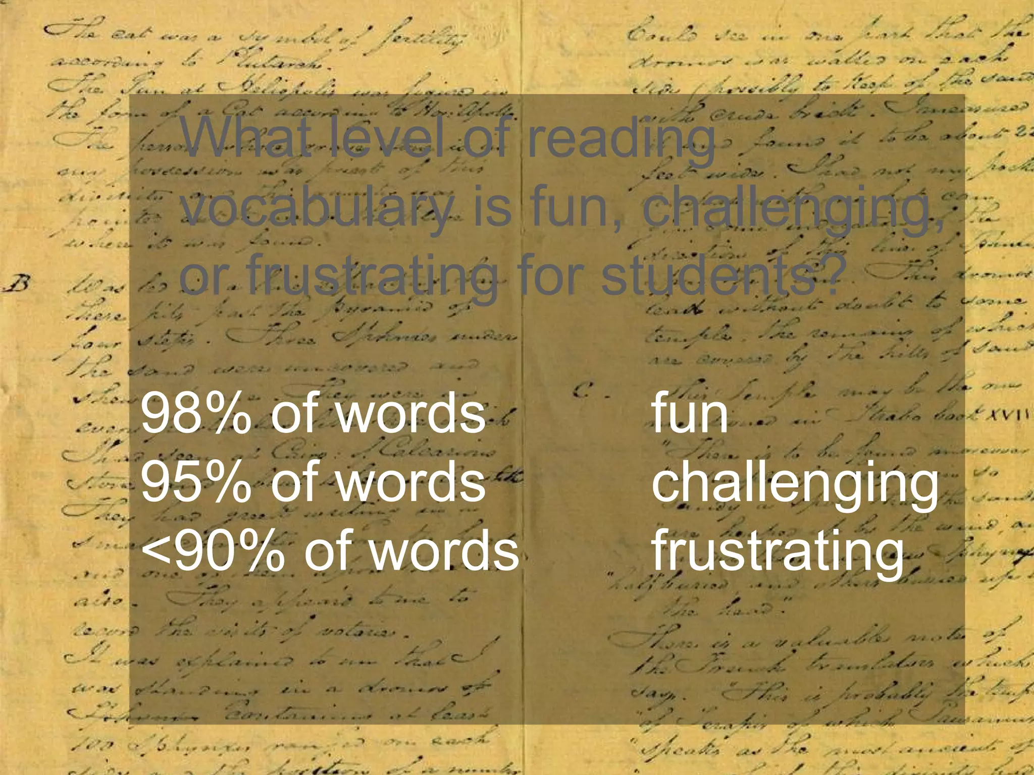What level of reading vocabulary is fun, challenging, or frustrating for students? 98% of words fun 95% of words challenging <90% of words frustrating 