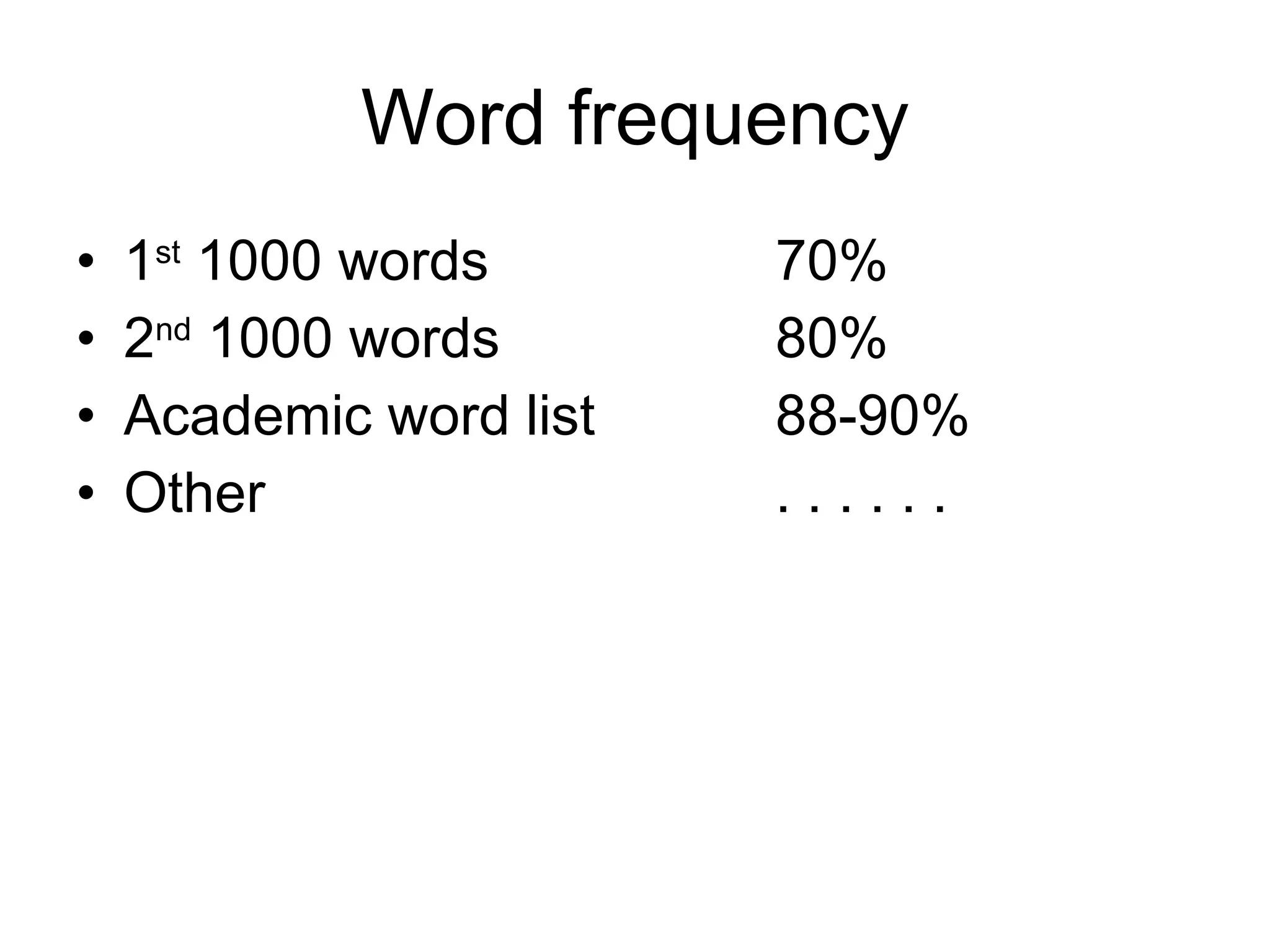 Word frequency 1 st  1000 words 70% 2 nd  1000 words 80% Academic word list 88-90% Other . . . . . .  