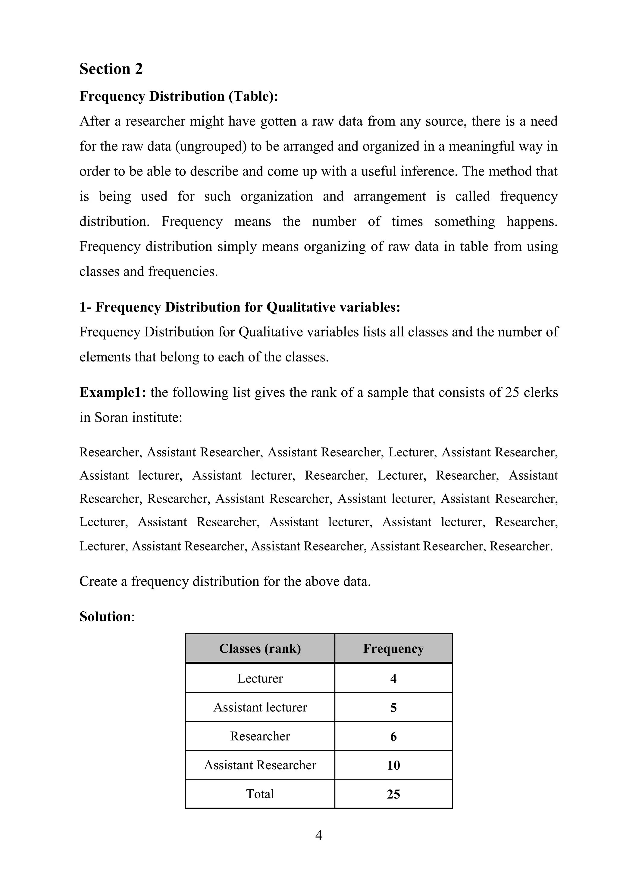 4
Section 2
Frequency Distribution (Table):
After a researcher might have gotten a raw data from any source, there is a need
for the raw data (ungrouped) to be arranged and organized in a meaningful way in
order to be able to describe and come up with a useful inference. The method that
is being used for such organization and arrangement is called frequency
distribution. Frequency means the number of times something happens.
Frequency distribution simply means organizing of raw data in table from using
classes and frequencies.
1- Frequency Distribution for Qualitative variables:
Frequency Distribution for Qualitative variables lists all classes and the number of
elements that belong to each of the classes.
Example1: the following list gives the rank of a sample that consists of 25 clerks
in Soran institute:
Researcher, Assistant Researcher, Assistant Researcher, Lecturer, Assistant Researcher,
Assistant lecturer, Assistant lecturer, Researcher, Lecturer, Researcher, Assistant
Researcher, Researcher, Assistant Researcher, Assistant lecturer, Assistant Researcher,
Lecturer, Assistant Researcher, Assistant lecturer, Assistant lecturer, Researcher,
Lecturer, Assistant Researcher, Assistant Researcher, Assistant Researcher, Researcher.
Create a frequency distribution for the above data.
Solution:
FrequencyClasses (rank)
4Lecturer
5Assistant lecturer
6Researcher
10Assistant Researcher
25Total
 