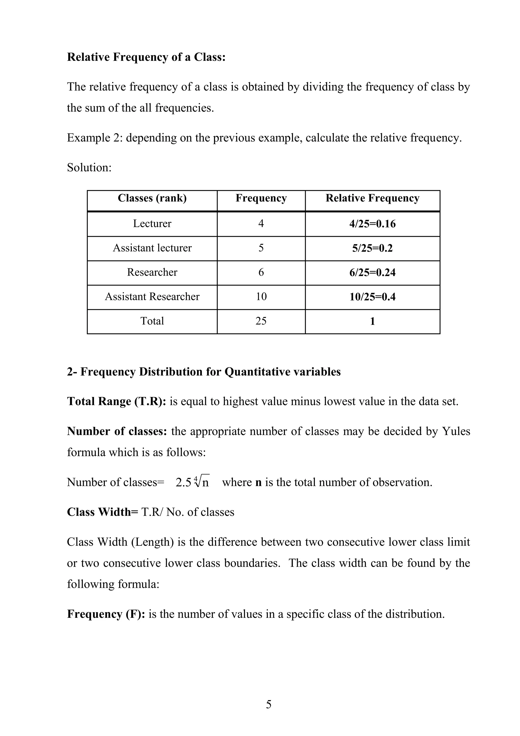 5
Relative Frequency of a Class:
The relative frequency of a class is obtained by dividing the frequency of class by
the sum of the all frequencies.
Example 2: depending on the previous example, calculate the relative frequency.
Solution:
Relative FrequencyFrequencyClasses (rank)
4/25=0.164Lecturer
5/25=0.25Assistant lecturer
6/25=0.246Researcher
10/25=0.410Assistant Researcher
125Total
2- Frequency Distribution for Quantitative variables
Total Range (T.R): is equal to highest value minus lowest value in the data set.
Number of classes: the appropriate number of classes may be decided by Yules
formula which is as follows:
Number of classes= where n is the total number of observation.
Class Width= T.R/ No. of classes
Class Width (Length) is the difference between two consecutive lower class limit
or two consecutive lower class boundaries. The class width can be found by the
following formula:
Frequency (F): is the number of values in a specific class of the distribution.
4
n2.5
 