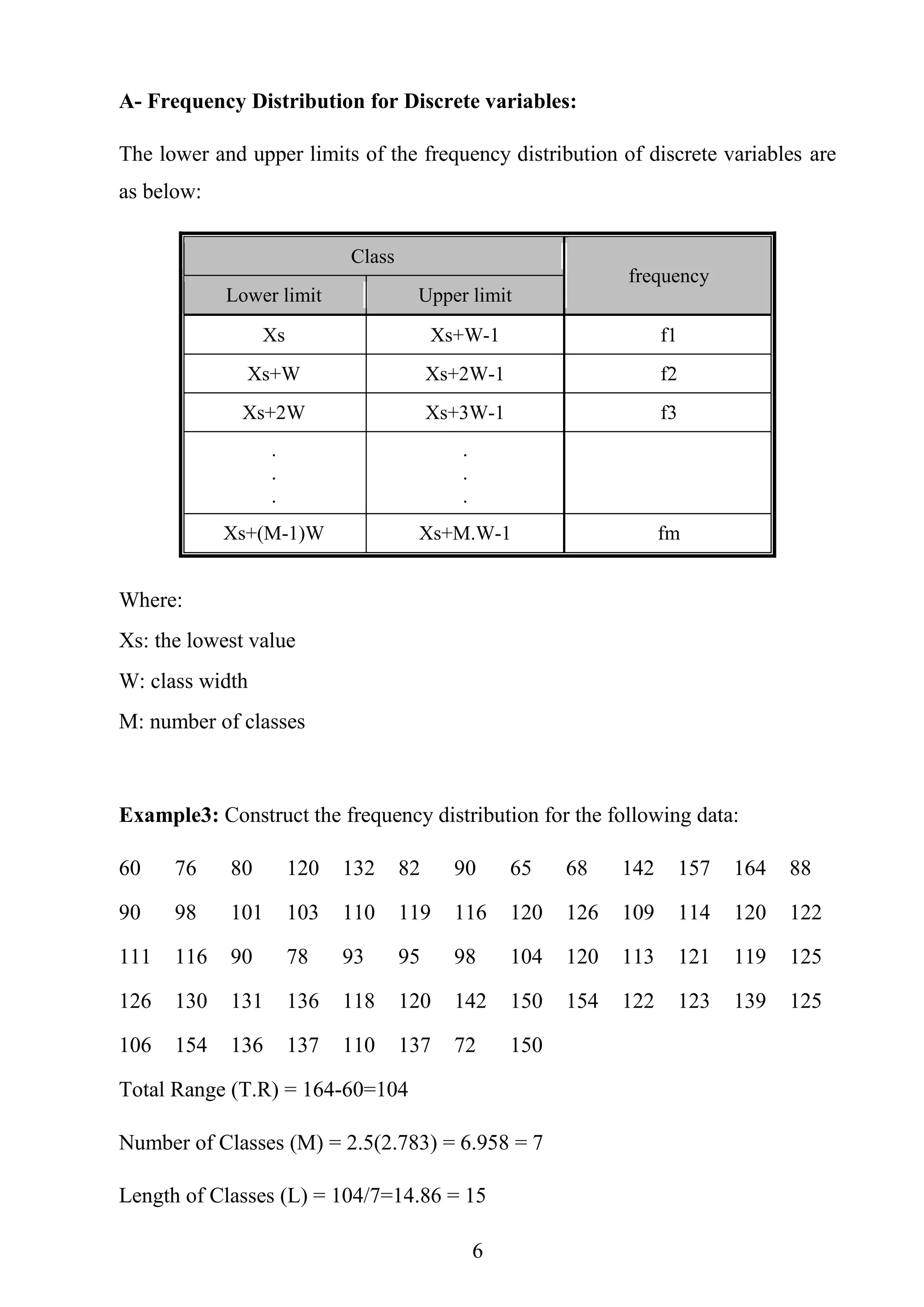 6
A- Frequency Distribution for Discrete variables:
The lower and upper limits of the frequency distribution of discrete variables are
as below:
frequency
Class
Upper limitLower limit
f1Xs+W-1Xs
f2Xs+2W-1Xs+W
f3Xs+3W-1Xs+2W
.
.
.
.
.
.
fmXs+M.W-1Xs+(M-1)W
Where:
Xs: the lowest value
W: class width
M: number of classes
Example3: Construct the frequency distribution for the following data:
60 76 80 120 132 82 90 65 68 142 157 164 88
90 98 101 103 110 119 116 120 126 109 114 120 122
111 116 90 78 93 95 98 104 120 113 121 119 125
126 130 131 136 118 120 142 150 154 122 123 139 125
106 154 136 137 110 137 72 150
Total Range (T.R) = 164-60=104
Number of Classes (M) = 2.5(2.783) = 6.958 = 7
Length of Classes (L) = 104/7=14.86 = 15
 
