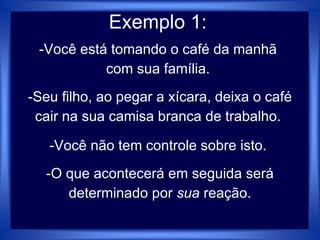 Exemplo 1:
-Você está tomando o café da manhã
com sua família.
-Seu filho, ao pegar a xícara, deixa o café
cair na sua camisa branca de trabalho.
-Você não tem controle sobre isto.
-O que acontecerá em seguida será
determinado por sua reação.
 