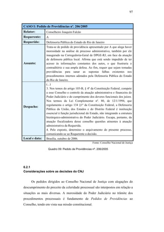 97
CASO I: Pedido de Providências nº. 206/2005
Relator: Conselheiro Joaquim Falcão
Requerente: A
Requerido: Defensoria Pública do Estado do Rio de Janeiro
Assunto:
Trata-se de pedido de providência apresentado por A que alega haver
morosidade na análise de processo administrativo, também por ele
inaugurado na Corregedoria-Geral de DPGE-RJ, em face da atuação
de defensora pública local. Afirma que está sendo impedido de ter
acesso às informações constantes dos autos, o que frustraria o
contraditório e sua ampla defesa. Ao fim, requer que sejam tomadas
providências para sanar as supostas falhas existentes nos
procedimentos internos adotados pela Defensoria Pública do Estado
do Rio de Janeiro.
Despacho:
(...)
3. Nos temos do artigo 103-B, § 4º da Constituição Federal, compete
a esse Conselho o controle da atuação administrativa e financeira do
Poder Judiciário e do cumprimento dos deveres funcionais dos juízes.
Nos termos da Lei Complementar nº. 80, de 12/1/1994, que
regulamenta o artigo 134 §1º da Constituição Federal, a Defensoria
Pública da União, dos Estados e do Distrito Federal é instituição
essencial à função jurisdicional do Estado, não integrando a estrutura
hierárquico-administrativa do Poder Judiciário. Escapa, portanto, da
atuação fiscalizadora desse conselho questões atinentes à atuação
administrativa da Requerida.
4. Pelo exposto, determino o arquivamento do presente processo,
comunicando-se ao Requerente a decisão.
Local e data: Brasília, outubro de 2006.
Fonte: Conselho Nacional de Justiça
Quadro 09: Pedido de Providências nº. 206/2005
6.2.1
Considerações sobre as decisões do CNJ
Os pedidos dirigidos ao Conselho Nacional de Justiça com alegações do
descumprimento do preceito da celeridade processual são interpostos em relação a
situações as mais diversas. A morosidade do Poder Judiciário no trâmite dos
procedimentos processuais é fundamento de Pedidos de Providências ao
Conselho, tendo em vista sua missão constitucional.
PUC-Rio-CertificaçãoDigitalNº0613190/CB
 