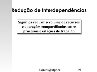 asantos@ufpr.br 39
Significa reduzir o volume de recursos
e operações compartilhadas entre
processos e estações de trabalho
Significa reduzir o volume de recursos
e operações compartilhadas entre
processos e estações de trabalho
Redução de Interdependências
 