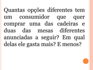 Quantas opções diferentes tem
um consumidor que quer
comprar uma das cadeiras e
duas das mesas diferentes
anunciadas a seguir? Em qual
delas ele gasta mais? E menos?
 