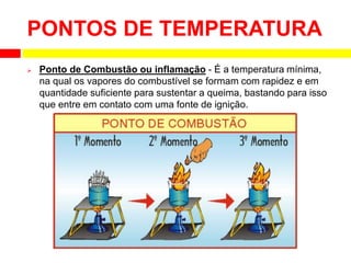  Ponto de Combustão ou inflamação - É a temperatura mínima,
na qual os vapores do combustível se formam com rapidez e em
quantidade suficiente para sustentar a queima, bastando para isso
que entre em contato com uma fonte de ignição.
PONTOS DE TEMPERATURA
 