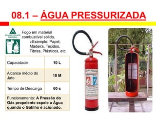 Capacidade 10 L
Alcance médio do
Jato
10 M
Tempo de Descarga 60 s
Funcionamento: A Pressão do
Gás propelente expele a Água
quando o Gatilho é acionado.
Fogo em material
combustível sólido.
Exemplo: Papel,
Madeira, Tecidos,
Fibras, Plásticos, etc.
08.1 – ÁGUA PRESSURIZADA
 