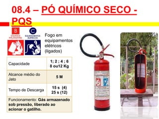 08.4 – PÓ QUÍMICO SECO -
PQS
Capacidade
1; 2 ; 4 ; 6
8 ou12 Kg
Alcance médio do
Jato
5 M
Tempo de Descarga
15 s (4)
25 s (12)
Funcionamento: Gás armazenado
sob pressão, liberado ao
acionar o gatilho.
Fogo em
equipamentos
elétricos
(ligados)
 