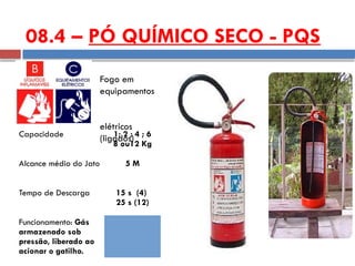 08.4 – PÓ QUÍMICO SECO - PQS
Capacidade 1; 2 ; 4 ; 6
8 ou12 Kg
Alcance médio do Jato 5 M
Tempo de Descarga 15 s (4)
25 s (12)
Funcionamento: Gás
armazenado sob
pressão, liberado ao
acionar o gatilho.
Fogo em
equipamentos
elétricos
(ligados)
 