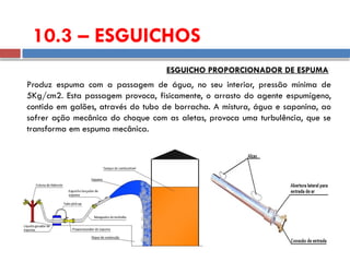Produz espuma com a passagem de água, no seu interior, pressão mínima de
5Kg/cm2. Esta passagem provoca, fisicamente, o arrasto do agente espumígeno,
contido em galões, através do tubo de borracha. A mistura, água e saponina, ao
sofrer ação mecânica do choque com as aletas, provoca uma turbulência, que se
transforma em espuma mecânica.
ESGUICHO PROPORCIONADOR DE ESPUMA
10.3 – ESGUICHOS
 