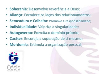 • Soberania: Desenvolve reverência a Deus; 
• Aliança: Fortalece os laços dos relacionamentos; 
• Semeadura e Colheita: Promove a responsabilidade; 
• Individualidade: Valoriza a singularidade; 
• Autogoverno: Exercita o domínio próprio; 
• Caráter: Encoraja a superação de si mesmo; 
• Mordomia: Estimula a organização pessoal; 
 