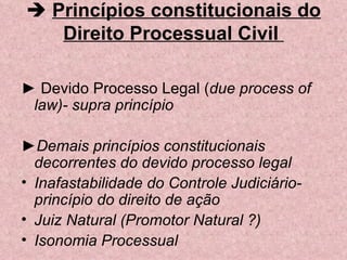  Princípios constitucionais do
   Direito Processual Civil

► Devido Processo Legal (due process of
 law)- supra princípio

►Demais princípios constitucionais
  decorrentes do devido processo legal
• Inafastabilidade do Controle Judiciário-
  princípio do direito de ação
• Juiz Natural (Promotor Natural ?)
• Isonomia Processual
 