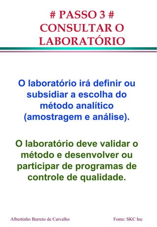 # PASSO 3 #
CONSULTAR O
LABORATÓRIO
O laboratório irá definir ou
subsidiar a escolha do
método analítico
(amostragem e análise).
O laboratório deve validar o
método e desenvolver ou
participar de programas de
controle de qualidade.
Fonte: SKC Inc
Albertinho Barreto de Carvalho
 