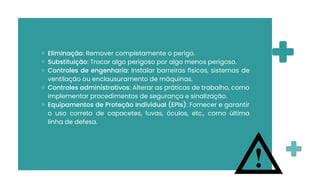 Eliminação: Remover completamente o perigo.
Substituição: Trocar algo perigoso por algo menos perigoso.
Controles de engenharia: Instalar barreiras físicas, sistemas de
ventilação ou enclausuramento de máquinas.
Controles administrativos: Alterar as práticas de trabalho, como
implementar procedimentos de segurança e sinalização.
Equipamentos de Proteção Individual (EPIs): Fornecer e garantir
o uso correto de capacetes, luvas, óculos, etc., como última
linha de defesa.
 