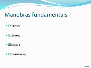 Manobras fundamentais
 Diérese;


 Exérese;


 Síntese ;


 Hemostasia;


                        Terra, G.
 