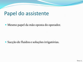 Papel do assistente
 Mesmo papel da mão oposta do operador.




 Sucção de fluídos e soluções irrigatórias.




                                               Terra, G.
 