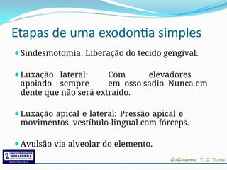 Etapas de uma exodontia simples
⚫Sindesmotomia: Liberação do tecido gengival.
⚫Luxação lateral: Com elevadores
apoiado sempre em osso sadio. Nunca em
dente que não será extraído.
⚫Luxação apical e lateral: Pressão apical e
movimentos vestíbulo-lingual com fórceps.
⚫Avulsão via alveolar do elemento.
 