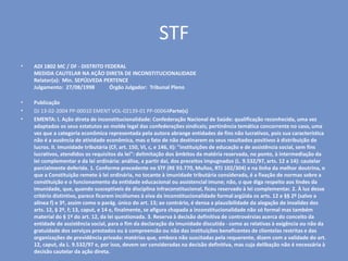 STF
• ADI 1802 MC / DF - DISTRITO FEDERAL
MEDIDA CAUTELAR NA AÇÃO DIRETA DE INCONSTITUCIONALIDADE
Relator(a): Min. SEPÚLVEDA PERTENCE
Julgamento: 27/08/1998 Órgão Julgador: Tribunal Pleno
• Publicação
• DJ 13-02-2004 PP-00010 EMENT VOL-02139-01 PP-00064Parte(s)
• EMENTA: I. Ação direta de inconstitucionalidade: Confederação Nacional de Saúde: qualificação reconhecida, uma vez
adaptados os seus estatutos ao molde legal das confederações sindicais; pertinência temática concorrente no caso, uma
vez que a categoria econômica representada pela autora abrange entidades de fins não lucrativos, pois sua característica
não é a ausência de atividade econômica, mas o fato de não destinarem os seus resultados positivos à distribuição de
lucros. II. Imunidade tributária (CF, art. 150, VI, c, e 146, II): "instituições de educação e de assistência social, sem fins
lucrativos, atendidos os requisitos da lei": delimitação dos âmbitos da matéria reservada, no ponto, à intermediação da
lei complementar e da lei ordinária: análise, a partir daí, dos preceitos impugnados (L. 9.532/97, arts. 12 a 14): cautelar
parcialmente deferida. 1. Conforme precedente no STF (RE 93.770, Muñoz, RTJ 102/304) e na linha da melhor doutrina, o
que a Constituição remete à lei ordinária, no tocante à imunidade tributária considerada, é a fixação de normas sobre a
constituição e o funcionamento da entidade educacional ou assistencial imune; não, o que diga respeito aos lindes da
imunidade, que, quando susceptíveis de disciplina infraconstitucional, ficou reservado à lei complementar. 2. À luz desse
critério distintivo, parece ficarem incólumes à eiva da inconstitucionalidade formal argüida os arts. 12 e §§ 2º (salvo a
alínea f) e 3º, assim como o parág. único do art. 13; ao contrário, é densa a plausibilidade da alegação de invalidez dos
arts. 12, § 2º, f; 13, caput, e 14 e, finalmente, se afigura chapada a inconstitucionalidade não só formal mas também
material do § 1º do art. 12, da lei questionada. 3. Reserva à decisão definitiva de controvérsias acerca do conceito da
entidade de assistência social, para o fim da declaração da imunidade discutida - como as relativas à exigência ou não da
gratuidade dos serviços prestados ou à compreensão ou não das instituições beneficentes de clientelas restritas e das
organizações de previdência privada: matérias que, embora não suscitadas pela requerente, dizem com a validade do art.
12, caput, da L. 9.532/97 e, por isso, devem ser consideradas na decisão definitiva, mas cuja delibação não é necessária à
decisão cautelar da ação direta.
 