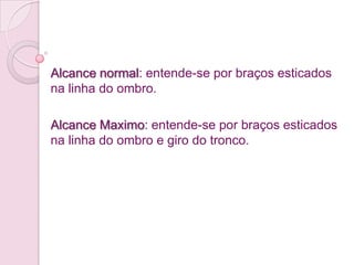 Alcance normal: entende-se por braços esticados
na linha do ombro.

Alcance Maximo: entende-se por braços esticados
na linha do ombro e giro do tronco.
 