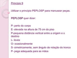 Princípio 9

Utilizar o princípio PEPLOSP para manusear peças.

PEPLOSP quer dizer:

P- perto do corpo
E- elevada na altura de 75 cm do piso
P-pequena distância vertical entre a origem e o
destino
L- leves
O- ocasionalmente
S- simetricamente, sem ângulo de rotação do tronco
P- pega adequada para as mãos
 