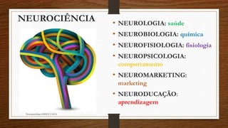 NEUROCIÊNCIA • NEUROLOGIA: saúde
• NEUROBIOLOGIA: química
• NEUROFISIOLOGIA: fisiologia
• NEUROPSICOLOGIA:
comportamento
• NEUROMARKETING:
marketing
• NEURODUCAÇÃO:
aprendizagem
Neuropsicóloga GISELE CALIA
 