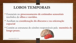 Neuropsicóloga GISELE CALIA
LOBOS TEMPORAIS
• Essenciais no processamento de estímulos sensoriais
recebidos de olhos e ouvidos.
• Auxiliam na coordenação do discurso e na orientação
espacial
• Contém as estruturas do cérebro responsáveis pela memória de
longo prazo.
 
