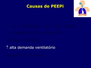 Causas de PEEPi
 da resistência das vias aéreas e
limitação de fluxo expiratório
 tempo expiratório
 alta demanda ventilatório
Relação I:E invertida
 
