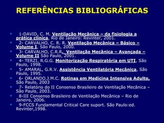REFERÊNCIAS BIBLIOGRÁFICAS
 1-DAVID, C. M. Ventilação Mecânica – da fisiologia a
prática clínica, Rio de Janeiro: Revinter, 2001.
 2- CARVALHO, C. R. R. Ventilação Mecânica – Básico –
Volume I, São Paulo, 2000.
 3- CARVALHO, C.R.R. Ventilação Mecânica – Avançada –
Volume II São Paulo, 2001.
 4- TERZI, R.G.G. Monitorização Respiratória em UTI, São
Paulo, 1998.
 5- AMARAL, G.R.V. Assistência Ventilatória Mecânica, São
Paulo, 1995.
 6- ORLANDO.J.M.C. Rotinas em Medicina Intensiva Adulto,
São Paulo, 2003
 7- Relatório do II Consenso Brasileiro de Ventilação Mecânica –
São Paulo, 2003.
 8-III Consenso Brasileiro de Ventilação Mecânica – Rio de
Janeiro, 2006.
 9-FCCS Fundamental Critical Care suport. São Paulo:ed.
Revinter,1998.
 