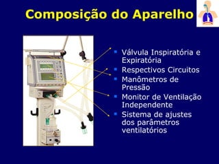 Composição do Aparelho
 Válvula Inspiratória e
Expiratória
 Respectivos Circuitos
 Manômetros de
Pressão
 Monitor de Ventilação
Independente
 Sistema de ajustes
dos parâmetros
ventilatórios
 