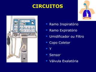 CIRCUITOS
 Ramo Inspiratório
 Ramo Expiratório
 Umidificador ou Filtro
 Copo Coletor
 Y
 Sensor
 Válvula Exalatória
 