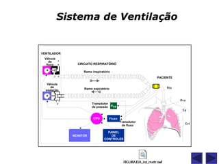 Válvula
de
fluxo
Válvula
de
exalação
MONITOR
PAINEL
DE
CONTROLES
CPU
Transdutor
de fluxo
Transdutor
de pressão Pva
CIRCUITO RESPIRATÓRIO
Ramo inspiratório
Ramo expiratório
PACIENTE
VENTILADOR
Fluxo
Sistema de Ventilação
 