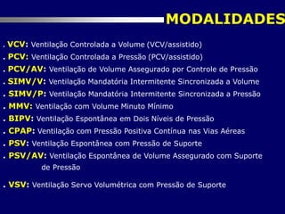 MODALIDADES
. VCV: Ventilação Controlada a Volume (VCV/assistido)
. PCV: Ventilação Controlada a Pressão (PCV/assistido)
. PCV/AV: Ventilação de Volume Assegurado por Controle de Pressão
. SIMV/V: Ventilação Mandatória Intermitente Sincronizada a Volume
. SIMV/P: Ventilação Mandatória Intermitente Sincronizada a Pressão
. MMV: Ventilação com Volume Minuto Mínimo
. BIPV: Ventilação Espontânea em Dois Níveis de Pressão
. CPAP: Ventilação com Pressão Positiva Contínua nas Vias Aéreas
. PSV: Ventilação Espontânea com Pressão de Suporte
. PSV/AV: Ventilação Espontânea de Volume Assegurado com Suporte
de Pressão
. VSV: Ventilação Servo Volumétrica com Pressão de Suporte
 