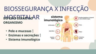 BIOSSEGURANÇA X INFECÇÃO
HOSPITALAR
05
07
DEFESAS GERAIS DO
ORGANISMO
• Pele e mucosas 
• Enzimas e secreções 
• Sistema imunológico
 