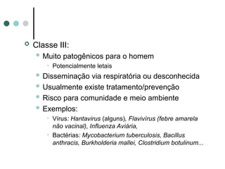  Classe III:
 Muito patogênicos para o homem
• Potencialmente letais
 Disseminação via respiratória ou desconhecida
 Usualmente existe tratamento/prevenção
 Risco para comunidade e meio ambiente
 Exemplos:
• Vírus: Hantavirus (alguns), Flavivírus (febre amarela
não vacinal), Influenza Aviária,
• Bactérias: Mycobacterium tuberculosis, Bacillus
anthracis, Burkholderia mallei, Clostridium botulinum...
 