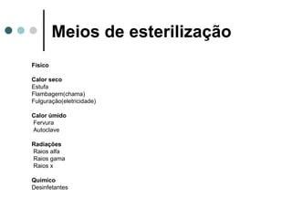 Meios de esterilização
Físico
Calor seco
Estufa
Flambagem(chama)
Fulguração(eletricidade)
Calor úmido
Fervura
Autoclave
Radiações
Raios alfa
Raios gama
Raios x
Químico
Desinfetantes
 