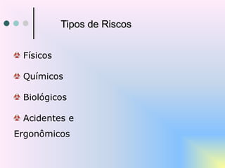 Tipos de Riscos
Físicos
Químicos
Biológicos
Acidentes e
Ergonômicos
 