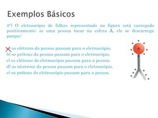 4°) O eletroscópio de folhas representado na figura está carregado
positivamente; se uma pessoa tocar na esfera A, ele se descarrega
porque:
a) os elétrons da pessoa passam para o eletroscópio.
b) os prótons da pessoa passam para o eletroscópio.
c) os elétrons do eletroscópio passam para a pessoa.
d) os nêutrons da pessoa passam para o eletroscópio.
e) os prótons do eletroscópio passam para a pessoa.
 